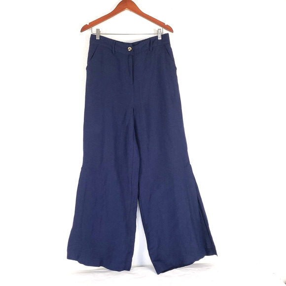 Boston Proper Women’s SIZE 10 Linen Blend Navy Blue Side Slit Wide Leg Pants - Picture 1 of 12
